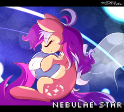 Size: 2000x1800 | Tagged: safe, artist:dshou, imported from derpibooru, oc, oc only, oc:nebulae, earth pony, pony, english, eyes closed, female, floating, g4, grin, letterboxing, mare, nebula, smiling, solo, space, tangible heavenly object