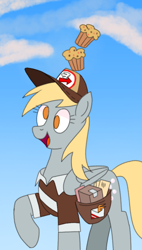 Size: 514x902 | Tagged: safe, artist:nonameorous, imported from derpibooru, derpy hooves, pegasus, pony, bag, box, cap, clothes, cloud, cross-eyed, food, hat, letter, mail, mailbag, mailmare, muffin, raised hoof, sky, solo, uniform