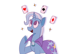 Size: 2000x1400 | Tagged: safe, artist:nonameorous, imported from derpibooru, trixie, pony, unicorn, cape, card, clothes, looking up, open mouth, raised hoof, simple background, smiling, solo, sparkles, teeth, trixie's cape, white background
