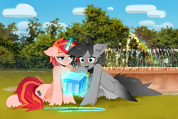 Size: 3000x2000 | Tagged: safe, artist:zlatavector, imported from derpibooru, oc, oc only, oc:kainy, oc:linaxero, bat pony, pegasus, pony, unicorn, bat pony oc, bat wings, blushing, commission, female, fountain, gift art, glowing, glowing horn, grass, happy, happy birthday, horn, hybrid oc, looking at someone, magic, mare, nature, park, present, rainbow, sitting, spread wings, wings