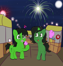 Size: 1155x1200 | Tagged: safe, artist:wanda, imported from derpibooru, oc, oc only, oc:filly anon, earth pony, pony, carnival, cotton candy, female, filly, fireworks, foal, moon, night