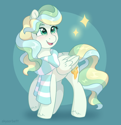 Size: 2082x2147 | Tagged: safe, artist:skysorbett, imported from derpibooru, vapor trail, pegasus, pony, clothes, cute, female, full body, g4, mare, open mouth, scarf, simple background, solo, sparkles, vaporbetes, wavy mane