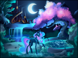 Size: 2732x2048 | Tagged: safe, artist:anekomori, imported from derpibooru, princess luna, alicorn, butterfly, pony, beautiful, blue eyes, castle, concave belly, crescent moon, crown, digital art, ethereal mane, ethereal tail, feather, female, flowing mane, flowing tail, folded wings, fountain, g4, high res, horn, jewelry, large wings, long legs, mare, moon, moonlight, night, open mouth, raised hoof, regalia, rock, signature, slim, solo, starry mane, starry tail, tail, tall, teeth, thin, tree, water, waterfall, wings