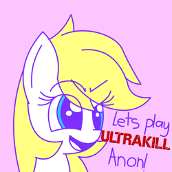 Size: 2048x2048 | Tagged: safe, imported from ponybooru, oc, oc only, oc:aryanne, pony, aria property cinematic universe, caption, femboy, male, nazi, pink background, raised eyebrow, simple background, solo, text, ultrakill