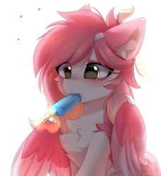Size: 2251x2464 | Tagged: safe, artist:lunylin, artist:lunylinl, imported from derpibooru, oc, oc only, pegasus, pony, chest fluff, colored eyebrows, commission, ear fluff, eye clipping through hair, eyebrows, eyebrows visible through hair, female, food, high res, ice cream, levitation, magic, mare, pegasus oc, simple background, solo, telekinesis, white background, wings, ych result