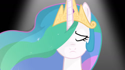 Size: 1280x720 | Tagged: source needed, safe, imported from derpibooru, princess celestia, alicorn, pony, bust, eyes closed, hair over one eye, portrait, sad, solo, spotlight