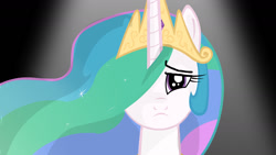 Size: 1280x720 | Tagged: source needed, safe, imported from derpibooru, princess celestia, alicorn, pony, bust, hair over one eye, looking at you, portrait, sad, solo, spotlight