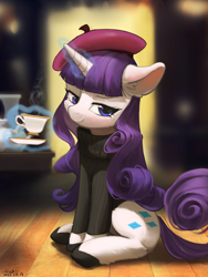 Size: 1280x1703 | Tagged: safe, artist:flvski, imported from derpibooru, rarity, pony, unicorn, beatnik rarity, beret, clothes, cup, cute, ear fluff, female, glowing, glowing horn, hat, horn, levitation, looking at you, magic, magic aura, mare, raribetes, sitting, smiling, smiling at you, solo, sweater, teacup, telekinesis