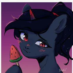 Size: 2300x2300 | Tagged: safe, artist:piwo, imported from derpibooru, oc, oc only, pony, unicorn, blushing, colored, commission, cute, dark skin, eyelashes, eyeshadow, food, horn, ice cream, looking at you, makeup, ponytail, raised hoof, red eyes, sketch, smiling, smiling at you, stars, sunset, unicorn oc, watermelon, ych result