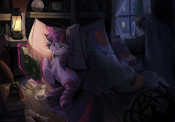 Size: 1280x894 | Tagged: safe, artist:flvski, imported from derpibooru, rainbow dash, twilight sparkle, pegasus, pony, unicorn, book, candle, clothes, cocktail, duo, duo female, female, glowing, glowing horn, horn, indoors, ink, inkwell, lantern, levitation, lying down, magic, magic aura, mare, night, pillow, plate, quill, reading, scroll, shelf, sleeping, socks, striped socks, telekinesis, unicorn twilight, window