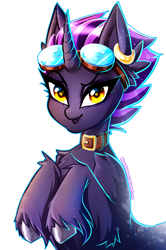 Size: 2664x4010 | Tagged: safe, artist:minamikoboyasy, imported from derpibooru, oc, oc only, oc:obsidian(rumista), pony, unicorn, belt, belt buckle, ear piercing, glasses, horn, looking at you, piercing, simple background, smiling, smiling at you, solo, unicorn oc, white background