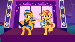 Size: 1191x670 | Tagged: safe, artist:mlpfan3991, artist:pirill, imported from derpibooru, sunset shimmer, oc, oc:flare spark, pegasus, pony, unicorn, bipedal, electric guitar, female, guitar, mare, musical instrument, night, playing instrument, rock and roll, stage, sunset shredder