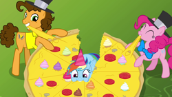 Size: 1280x720 | Tagged: safe, imported from derpibooru, screencap, cheese sandwich, pinkie pie, rainbow dash, earth pony, pegasus, pony, pinkie pride, season 4, ^^, bowtie, cheese, chewing, cupcake, cute, dashabetes, eating, eyes closed, food, hat, mouth hold, nom, party hat, pizza, that pony sure does love pizza, tomato, top hat