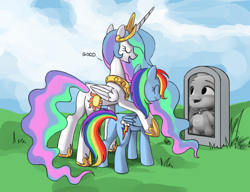 Size: 910x700 | Tagged: safe, artist:zadrave, edit, edited screencap, imported from ponybooru, screencap, princess celestia, rainbow dash, alicorn, dragon, pegasus, pony, spoiler:g5, spoiler:my little pony: make your mark, spoiler:my little pony: make your mark chapter 4, spoiler:mymc04e05, butt, celestia's grave meme, duo, exploitable meme, female, g4, g5, gravestone, hoof shoes, implied death, male, mare, meme, my little pony: make your mark chapter 4, op has an opinion, op is trying to be funny, plot, side hug, sparky sparkeroni, sparkybuse, the manesquerade ball