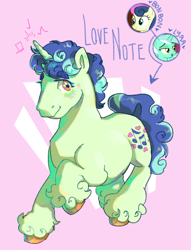 Size: 1740x2274 | Tagged: safe, artist:poniesart, imported from derpibooru, oc, oc only, oc:love note, pony, unicorn, magical lesbian spawn, offspring, parent:bon bon, parent:lyra heartstrings, parents:lyrabon, pink background, simple background, solo