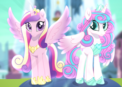 Size: 2100x1500 | Tagged: safe, artist:kiracatastic, imported from derpibooru, princess cadance, princess flurry heart, alicorn, pony, base used, colored wings, colored wingtips, crown, crystal empire, duo, duo female, female, hoof shoes, jewelry, mare, mother and child, mother and daughter, older, older flurry heart, princess shoes, regalia, wings