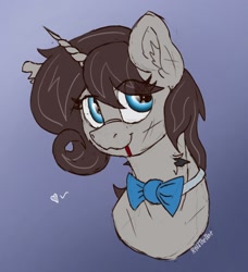 Size: 1728x1891 | Tagged: safe, artist:reddthebat, imported from derpibooru, oc, oc only, oc:violina (reddthebat), earth pony, ghost, ghost pony, pony, undead, blood, bowtie, bust, eye clipping through hair, female, gradient background, heart, looking at you, mare, smiling, smiling at you, solo