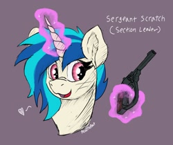 Size: 2726x2287 | Tagged: safe, artist:reddthebat, imported from derpibooru, dj pon-3, vinyl scratch, pony, unicorn, female, glowing, glowing horn, gun, handgun, heart, horn, levitation, magic, mare, open mouth, open smile, pistol, purple background, redd's great war universe, simple background, smiling, solo, telekinesis, weapon