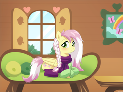 Size: 1000x750 | Tagged: safe, artist:riouku, imported from derpibooru, fluttershy, pegasus, pony, alternate hairstyle, alternate universe, blushing, clothes, commission, couch, cute, fluttershy's cottage, scarf, shyabetes, socks, solo, stockings, sweat, sweatdrops, thigh highs