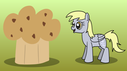 Size: 1920x1080 | Tagged: safe, artist:platinumdrop, imported from derpibooru, derpy hooves, pegasus, female, food, gradient background, mare, muffin, simple background, solo