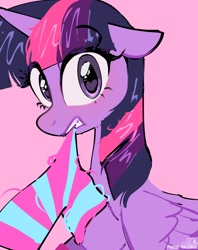 Size: 1620x2048 | Tagged: safe, artist:petaltwinkle, imported from derpibooru, twilight sparkle, alicorn, pony, clothes, eyebrows, eyebrows visible through hair, female, gritted teeth, looking at you, mare, mouth hold, pink background, signature, simple background, socks, solo, striped socks, teeth, twilight sparkle (alicorn)