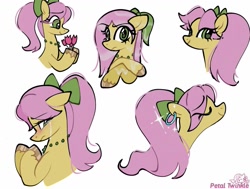 Size: 1277x963 | Tagged: safe, artist:petaltwinkle, imported from derpibooru, earth pony, pony, alternate hairstyle, crossed hooves, crying, eye clipping through hair, female, flower, g5, jewelry, looking at something, looking at you, mare, necklace, posey bloom, signature, simple background, smiling, smiling at you, solo, white background