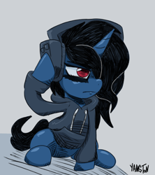 Size: 1210x1360 | Tagged: safe, artist:yamston, imported from derpibooru, oc, oc only, oc:victor moon, pony, unicorn, fanfic:living the dream, 2023, black mane, blue coat, clothes, emo, fanfic art, female, gray background, hair over one eye, headphones, hoodie, long mane, mare, offspring, parent:oc:azure moon, parent:oc:star chaser(ltd), parents:oc x oc, red eyes, rule 63, signature, simple background, solo