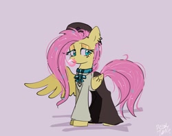 Size: 2048x1620 | Tagged: safe, artist:petaltwinkle, imported from derpibooru, fluttershy, pegasus, pony, bubblegum, choker, clothes, ear piercing, earring, female, food, gum, hat, jewelry, lidded eyes, mare, messy mane, one wing out, pants, piercing, purple background, shirt, simple background, solo, wings