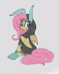 Size: 904x1129 | Tagged: safe, artist:petaltwinkle, imported from derpibooru, fluttershy, pegasus, pony, clothes, costume, dangerous mission outfit, female, goggles, gray background, hoodie, looking back, mare, signature, simple background, sitting, solo