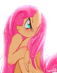 Size: 810x1024 | Tagged: safe, artist:petaltwinkle, imported from derpibooru, fluttershy, pegasus, pony, blushing, cute, female, frown, heart, heart eyes, looking back, mare, shoulder blush, shyabetes, signature, simple background, solo, sparkly mane, white background, wingding eyes