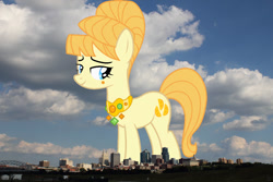 Size: 1024x683 | Tagged: safe, artist:rainbowplasma, edit, editor:jaredking779, imported from derpibooru, aunt orange, earth pony, pony, female, giant pony, giantess, highrise ponies, irl, kansas, kansas city, macro, mare, photo, ponies in real life, solo, story included