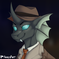 Size: 3000x3000 | Tagged: safe, artist:frazy, imported from derpibooru, oc, oc only, oc:closed case, changeling, bust, changeling oc, clothes, commission, fangs, hat, looking at you, male, necktie, portrait, simple background, smiling, smirk
