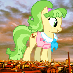 Size: 2048x2048 | Tagged: safe, artist:starryshineviolet, edit, editor:jaredking779, imported from derpibooru, chickadee, ms. peachbottom, earth pony, pony, barcelona, clothes, female, giant pony, giantess, high res, highrise ponies, irl, looking down, macro, mare, photo, ponies in real life, solo, spain, story included