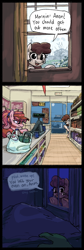 Size: 500x1487 | Tagged: safe, artist:plunger, imported from twibooru, oc, oc only, oc:anon, oc:creepy peepers, human, pony, cash register, comic, eyes do not belong there, female, image, looking at you, mare, open smile, png, shop, stalker, stalking