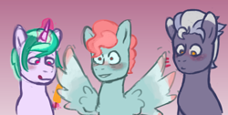 Size: 1578x794 | Tagged: safe, artist:lotusflare, imported from derpibooru, oc, oc only, oc:adam harvest, oc:aquatic lotus, oc:aroma petals, earth pony, pegasus, unicorn, blushing, earth pony oc, food, horn, icicle, licking, licking lips, looking down, looking offscreen, male, pegasus oc, popsicle, spread wings, stallion, stallion oc, tongue out, unicorn oc, wingboner, wings