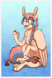 Size: 1181x1772 | Tagged: safe, artist:inuhoshi-to-darkpen, imported from derpibooru, oc, oc:dracey, pegasus, braid, chest fluff, dice, ear fluff, figurine, glasses, looking at you, open mouth, pegasus oc, sack, single fang, sitting, wing fluff, wings