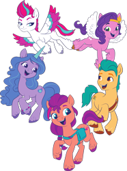 Size: 2241x3016 | Tagged: safe, imported from derpibooru, hitch trailblazer, izzy moonbow, pipp petals, sunny starscout, zipp storm, earth pony, pegasus, pony, unicorn, .svg available, 2d, female, flying, g5, high res, male, mane five, mare, my little pony: a new generation, official, open mouth, open smile, simple background, smiling, spread wings, stallion, svg, transparent background, vector, wings