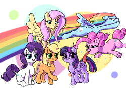 Size: 2048x1500 | Tagged: safe, artist:maneiacmayhem, imported from derpibooru, applejack, fluttershy, pinkie pie, rainbow dash, rarity, twilight sparkle, alicorn, earth pony, pegasus, pony, unicorn, female, flying, mane six, mare, party horn, rainbow trail, simple background, transparent background, twilight sparkle (alicorn)