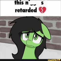 Size: 720x720 | Tagged: safe, artist:pizzahutjapan, edit, imported from twibooru, oc, oc:filly anon, earth pony, pony, censored, female, filly, foal, frown, ifunny, image, looking at you, meme, nigga, nigger, png, slur, solo, text, twibooru exclusive, vulgar