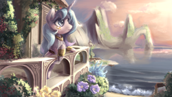 Size: 2560x1440 | Tagged: safe, artist:musical ray, imported from derpibooru, oc, oc only, oc:cork, pony, unicorn, equestria at war mod, balcony, beach, clothes, cloud, cute, egyptian, female, flower, greek, long mane, mare, ocean, scenery, solo, wave