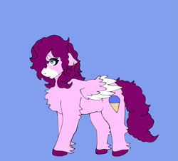 Size: 827x749 | Tagged: safe, artist:hivecicle, imported from derpibooru, oc, oc only, oc:pink snowcone, pegasus, blue eyes, chubby, colored wings, ear piercing, hooves, markings, maroon, multicolored wings, piercing, pink fur, pink hair, pink pony, pink tail, snowcone, solo, tail, white fur, white wings, wings