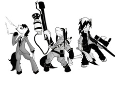 Size: 1024x751 | Tagged: safe, artist:juanrock, imported from derpibooru, oc, oc only, oc:cloud chaser, oc:razor graze, oc:shadow-mark, pony, fanfic:three of me: school society, axe, black and white, cigarette, clothes, cosplay, costume, flamethrower, glasses, grayscale, gun, monochrome, simple background, team fortress 2, weapon