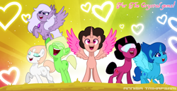 Size: 3051x1570 | Tagged: safe, artist:angellight-bases, artist:tanahgrogot, imported from derpibooru, alicorn, earth pony, pegasus, pony, unicorn, amethyst (steven universe), base used, crystal gems, eyes closed, female, g5, garnet (steven universe), group, happy, headwear, heart, heart background, lapis lazuli (steven universe), male, mare, my little pony: a new generation, open mouth, open smile, pearl (steven universe), peridot (steven universe), rainbow background, smiling, stallion, steven universe, steven universe (steven universe), text, visor, water wings, watermark