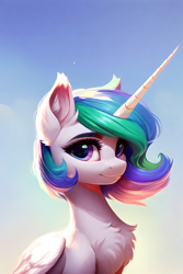 Size: 1024x1536 | Tagged: safe, imported from derpibooru, princess celestia, pony, ai content, ai generated, alternate hairstyle, bust, chest fluff, closed mouth, female, generator:pony diffusion v5, horn, light skin, mare, portrait, purple eyes, short hair, simple background, wings