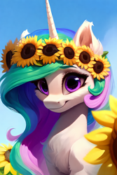 Size: 1024x1536 | Tagged: safe, imported from derpibooru, princess celestia, pony, ai content, ai generated, bust, chest fluff, closed mouth, female, floral head wreath, flower, flower in hair, generator:pony diffusion v5, horn, light skin, long hair, mare, portrait, purple eyes, simple background, sunflower, wreath