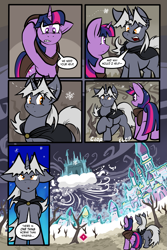 Size: 1567x2351 | Tagged: safe, artist:virmir, imported from twibooru, twilight sparkle, oc, oc:virmare, pony, unicorn, comic:so you've become a pony villain, antagonist, cape, cloak, clothes, cloud, comic, duo, female, floppy ears, frozen, ice, image, mare, png