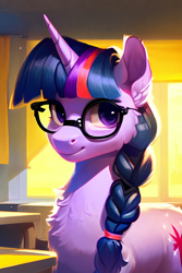 Size: 1024x1536 | Tagged: safe, imported from derpibooru, twilight sparkle, pony, unicorn, ai content, ai generated, alternate hairstyle, braid, bust, chest fluff, closed mouth, female, generator:pony diffusion v5, glasses, horn, mare, portrait, purple eyes