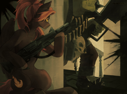 Size: 4096x3032 | Tagged: safe, artist:teturirusu, imported from derpibooru, oc, oc:kometka, ork, pegasus, commission, ear fluff, female, gun, jewelry, looking at something, necklace, ponytail, sitting, warhammer (game), warhammer 40k, weapon, ych result