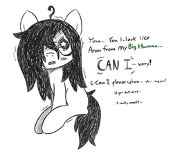 Size: 598x540 | Tagged: safe, artist:castafae, imported from derpibooru, oc, oc:floor bored, earth pony, pony, dialogue, female, filly, foal, hair over one eye, shaking, sitting, solo, wingding eyes