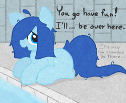 Size: 694x573 | Tagged: safe, artist:castafae, imported from derpibooru, oc, oc:babbling brook, earth pony, pony, dialogue, female, hair over one eye, lying down, mare, messy mane, solo, swimming pool